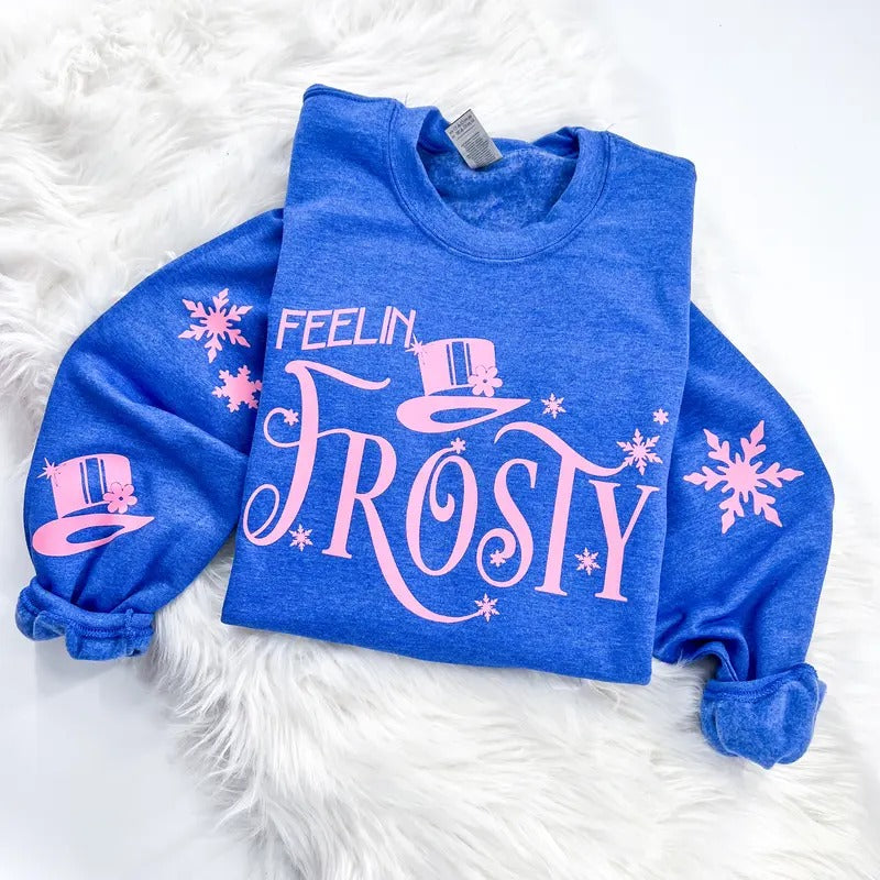 Feelin' Frosty Retro Christmas Sweatshirt or Hoodie with sleeve prints Comfy Unisex Tops T-Shirts | HypeDripTees.com