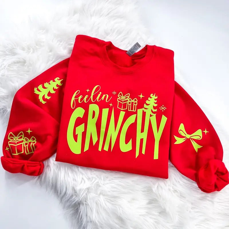 Feelin' Grinchy Retro Christmas Sweatshirt or Hoodie with sleeve prints Comfy Unisex Tops T-Shirts | HypeDripTees.com