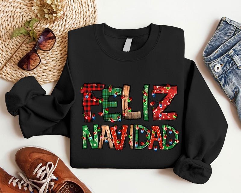 Feliz Navidad Sweatshirt, Spanish Merry Christmas Hoodie, Christmas Lights Gift Sweater, Matching Mexican Family Xmas...