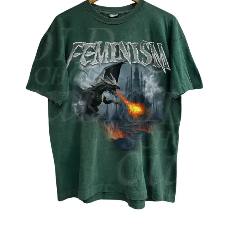 Feminism Dragon Fantasy Vintage Graphic Shirt, Retro Dragon Shirt, Funny Gifts, Feminism Shirt, Dark Art Grunge Castle...