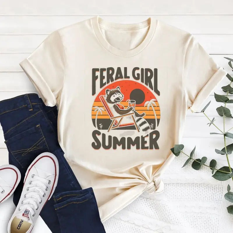 Feral Girl Summer Shirt, Funny Raccoon Beach Shirt, Beachy Shirt, Summer T-Shirt, Beach Girl Shirt, Opossum Meme Shirt,...