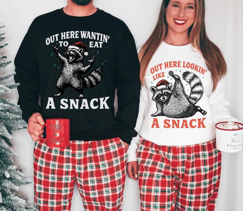 Feral Raccoon Funny Matching Couples Christmas Sweatshirt Pajamas Raunchy Inappropriate Out Here Lookin Like a Snack Ugly...