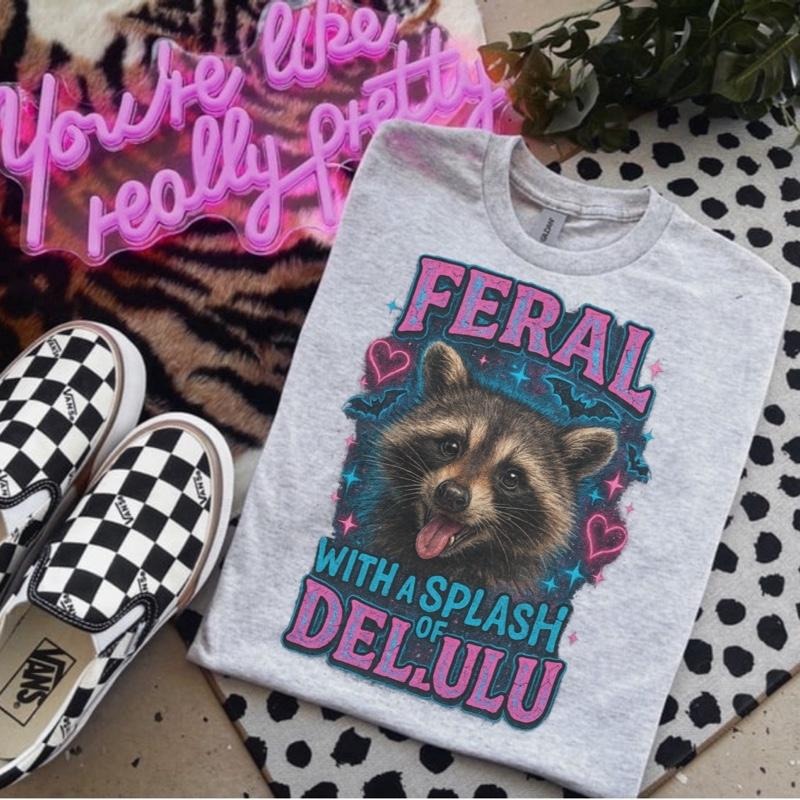 Feral With A Splash Of Delulu Ash Grey T-Shirt - Bleached - Gildan - Unise Hoodie, Sweatshirt | HypeDripTees.com