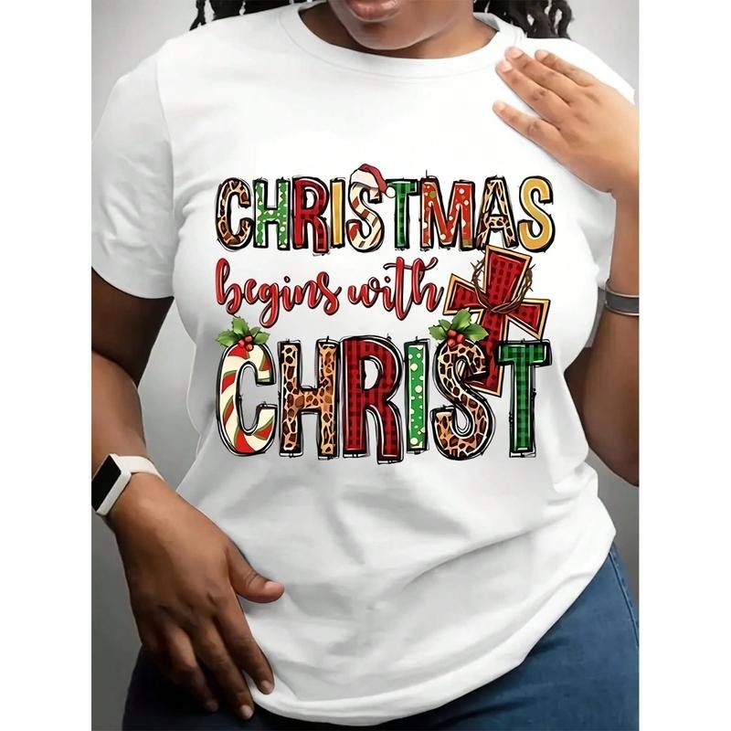 Festive Christmas Letter Print Short Sleeve T-Shirt - Women's Casual Round Neck Tee