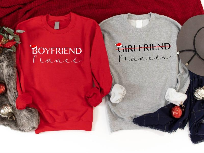 Fiancée and Fiancé Christmas Sweatshirt, Matching Engagement Sweater, Couples Girlfriend Boyfriend X-mas Party Hoodie,...