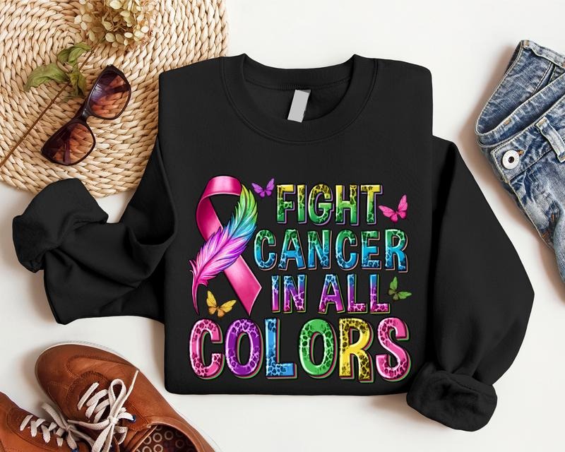 Fight Cancer In All Colors Sweatshirt, Cancer Awareness Hoodie, Multicolored Ribbon Sweater, Unisex Cancer Warrior Gift...