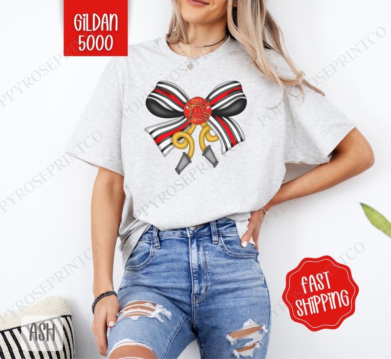 Firefighter Coquette Bow Gildan, Trendy Bow Women's Tee, Cute Women's Tshirt Plus Sizes Hoodie, Sweatshirt | HypeDripTees.com
