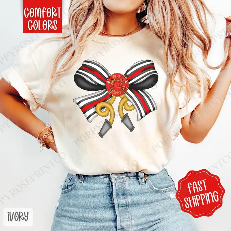 Firefighter Coquette Bow Shirt Comfort Colors, Cute Women's Shirt, Trendy Bow Tee Hoodie, Sweatshirt | HypeDripTees.com