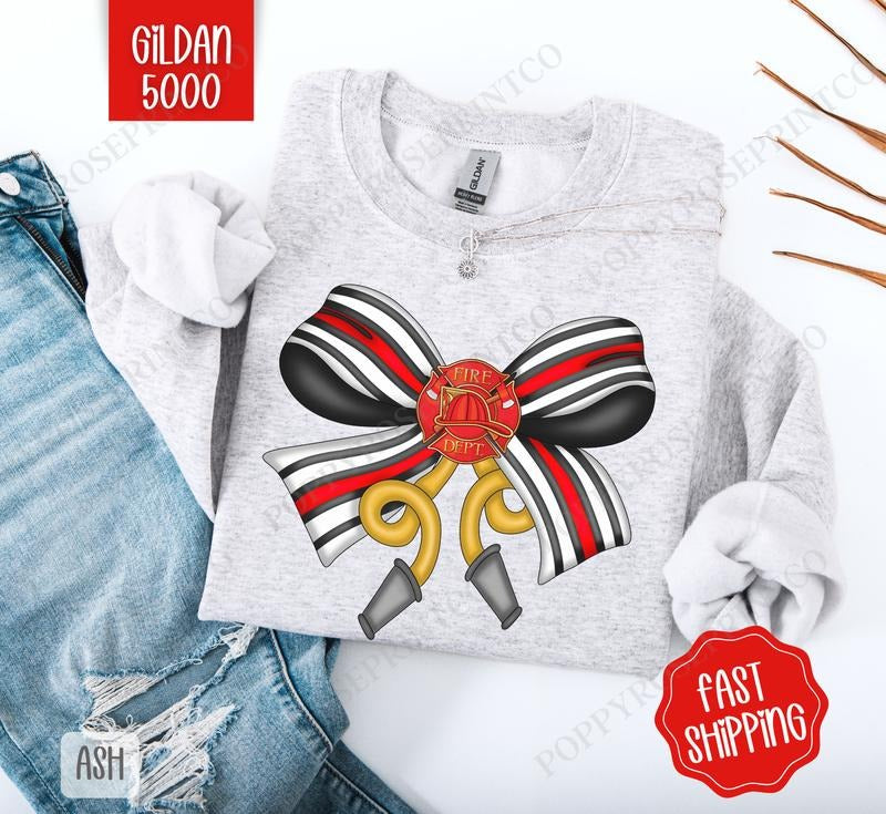 Firefighter Coquette Bow Sweatshirt, Bow Crewneck, Cute Women's Sweater T-Shirts, Hoodie | HypeDripTees.com