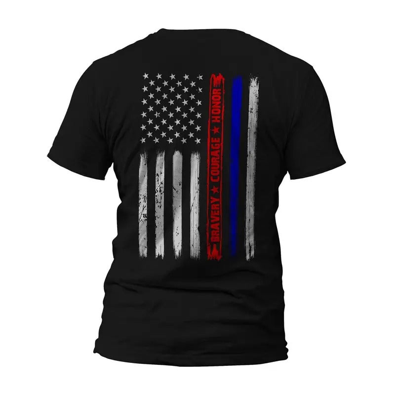 Firefighter Police Bravery Courage Honor Thin Red Blue Line Vertical Flag T-Shirt Casual Crewneck Hoodie, Sweatshirt
