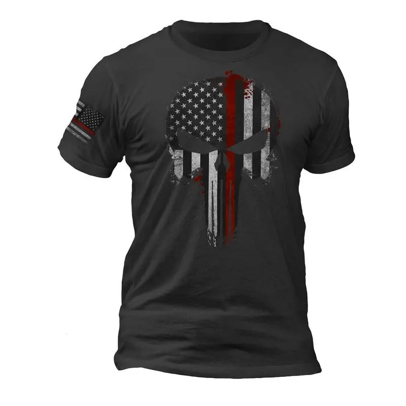 Firefighter Thin Red Line Flag Skull Flag on Sleeve T-Shirt Hoodie, Sweatshirt | HypeDripTees.com