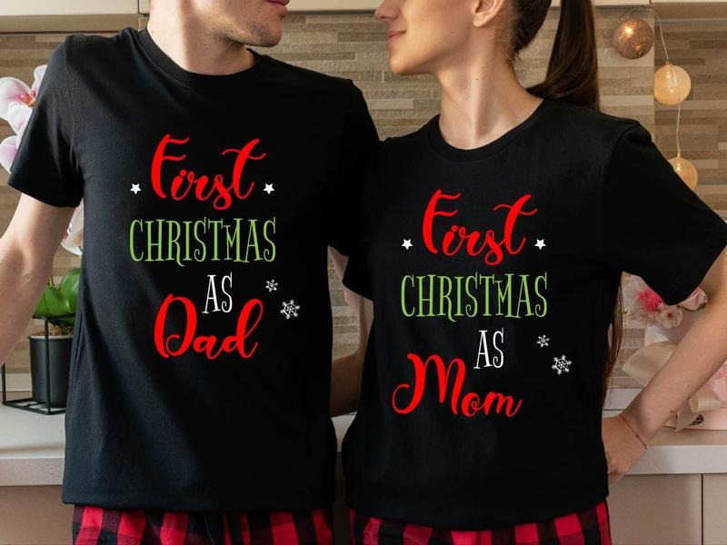 First Christmas As Dad Shirt, 1st Christmas As Mom T-Shirt, Matching Xmas Baby Announcement Tees, New Parents X-mas Party...