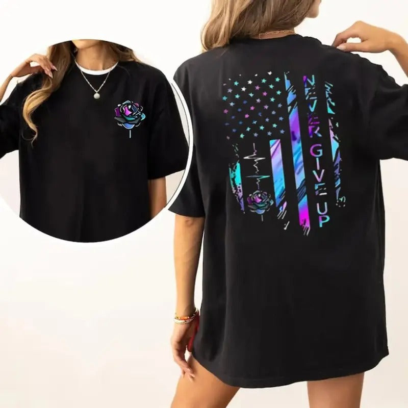 Flag & Letter Print Round Neck Tee, Fashion Floral Printed Crew Neck Short Sleeve T Shirt For Daily Outdoor Wear, Graphic...