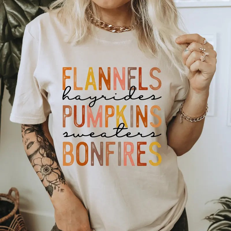 Flannels Pumpkins Bonfires Fall Shirt. Casual Fall Softstyle Unisex T-Shirt. Cute Graphic Tee Hoodie, Sweatshirt