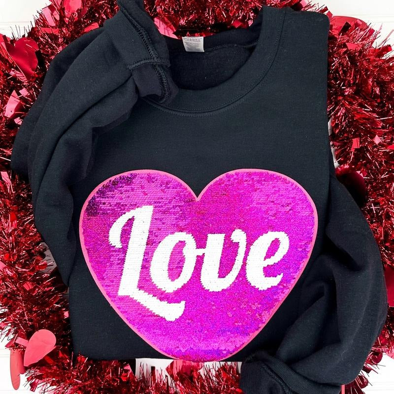 Flip Sequin Heart Patch Sweatshirt -- BLACK T-Shirts, Hoodie | HypeDripTees.com
