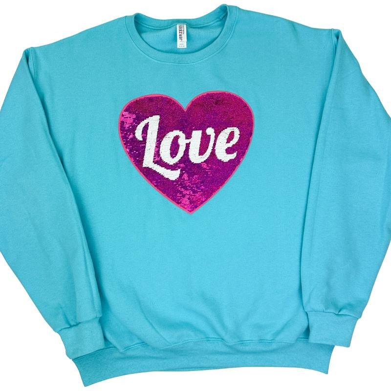Flip Sequin Heart Patch Sweatshirt -- SCUBA BLUE T-Shirts, Hoodie | HypeDripTees.com