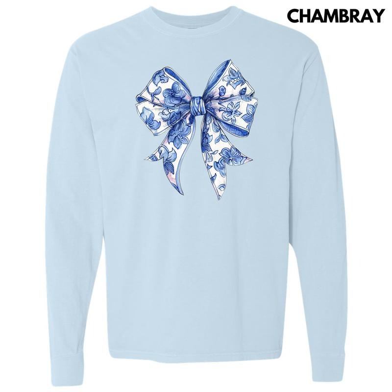 Floral Blue Big Bow Long Sleeve Comfort Colors T-Shirt 'NLB' Hoodie, Sweatshirt | HypeDripTees.com