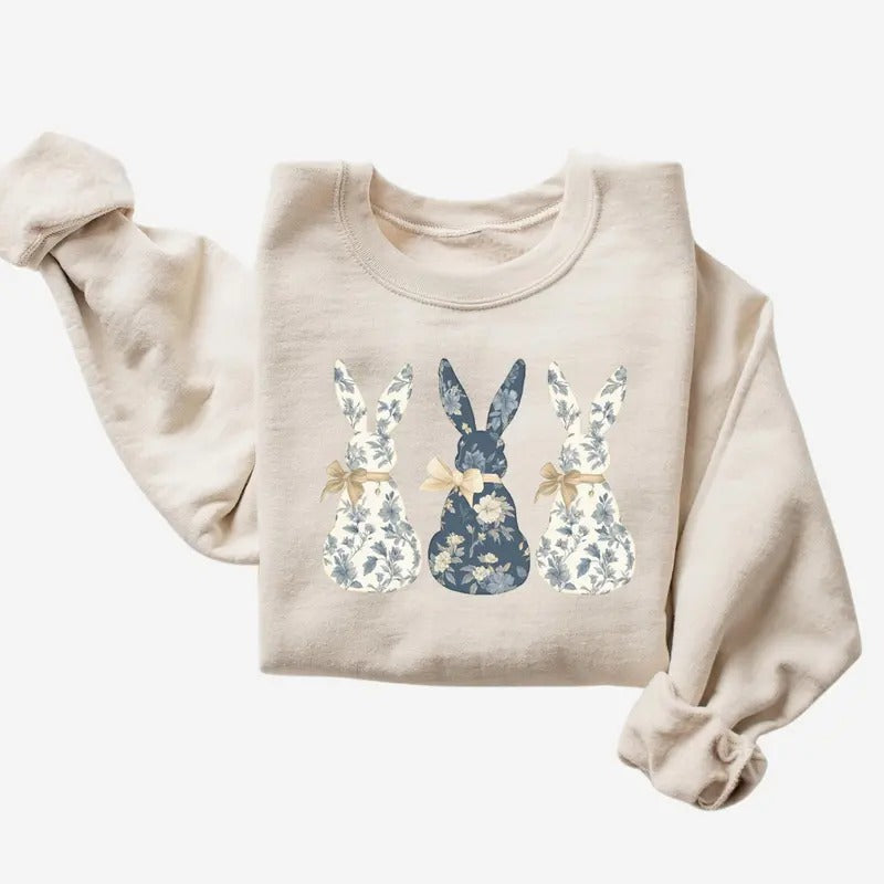 Floral Blue Bunny Sweatshirt, Cute Easter Bow Crewneck, Trendy Bunny Women's Sweater, Gift for Her T-Shirts, Hoodie