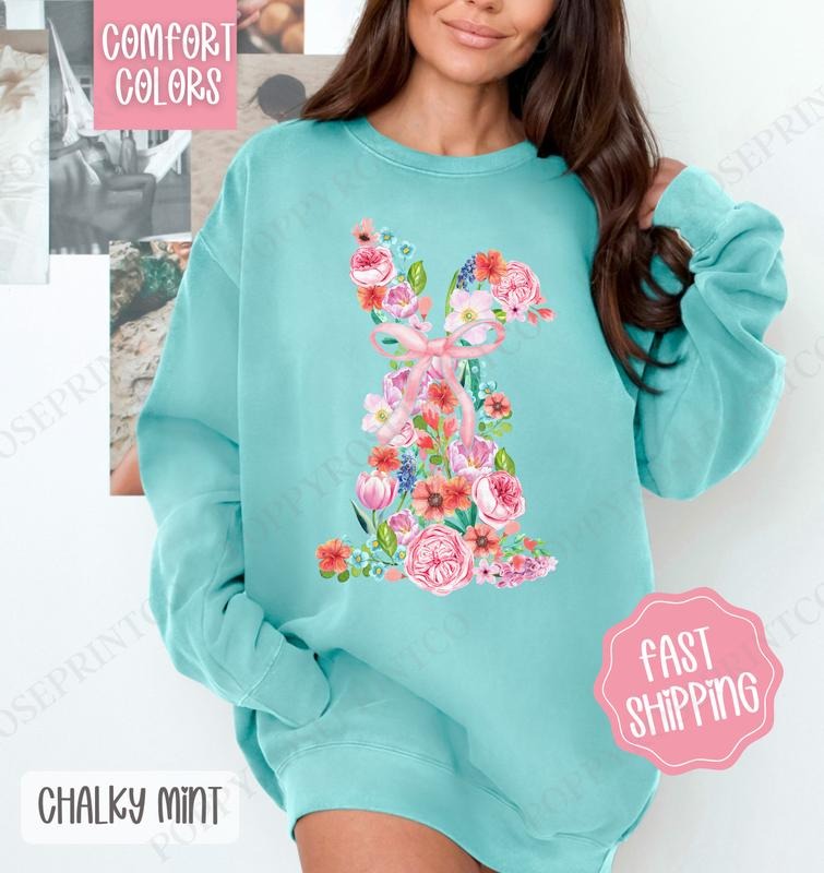Floral Bunny Comfort Colors Sweatshirt, Cute Easter Women's Crewneck, Trendy Bunny Women's Sweater, Gift for Her...