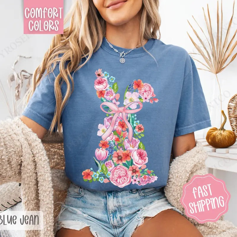 Floral Bunny Shirt Comfort Colors, Easter Tshirt, Trendy Bunny Women's Tee, Gift for Her Hoodie, Sweatshirt