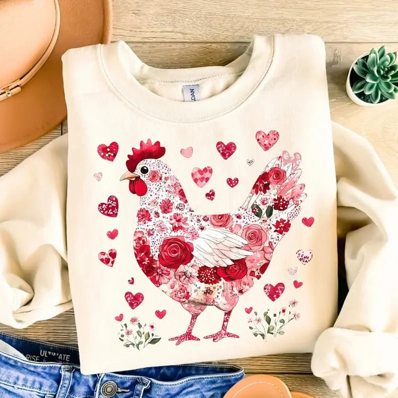 Floral Chicken Valentine T-Shirt Sweatshirt Hoodie, Valentine chicken T-shrit, valentine Sweatshirt, Chicken Lover Shirt,...