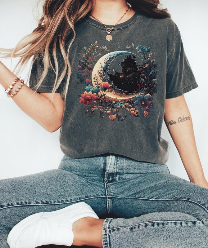 Floral Crescent Moon & Stars T-Shirt, Ladies Crewneck Garden Shirt Hoodie, Sweatshirt | HypeDripTees.com