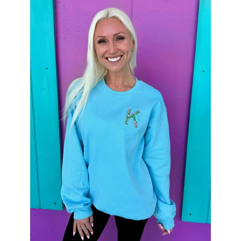 Floral Embroidered Initial Sweatshirt (S-XL) T-Shirts, Hoodie | HypeDripTees.com