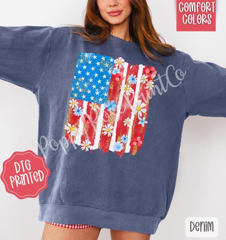Floral Flag Comfort Colors Sweatshirt, Cute Patriotic Sweater, Women's Crewneck, Gift for Her T-Shirts, Hoodie