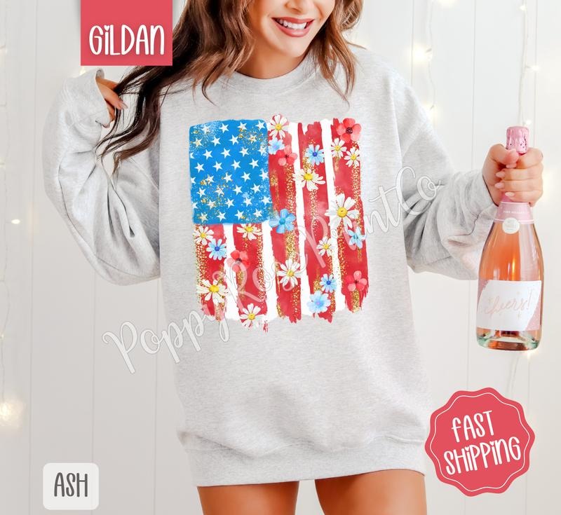 Floral Flag Sweatshirt, Cute Patriotic Sweater, Women's Crewneck, Gift for Her T-Shirts, Hoodie | HypeDripTees.com