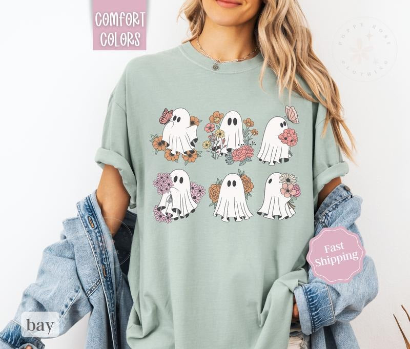 Floral Ghost Shirt Comfort Colors, Boho Floral Halloween Shirt, Cute Ghost Tee Hoodie, Sweatshirt | HypeDripTees.com