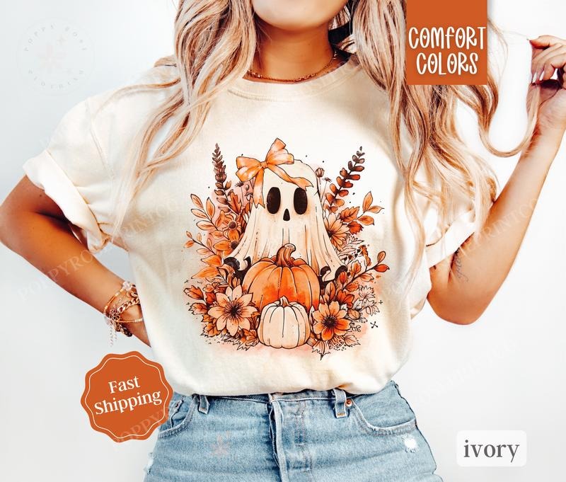 Floral Ghost Shirt Comfort Colors, Cute Ghost Halloween Shirt,  October Vibes Shirt for Women Oversized Crewneck Tee...