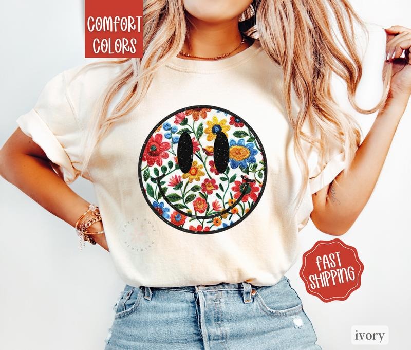 Floral Happy Face Shirt Comfort Colors, Boho Floral Tshirt, Fall Floral Tee Hoodie, Sweatshirt | HypeDripTees.com