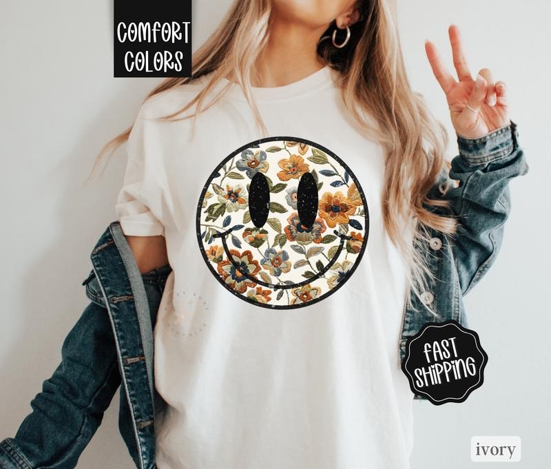 Floral Happy Face Shirt Comfort Colors, Boho Floral Tshirt, Fall Floral Teestyle{n002}2 Hoodie, Sweatshirt | HypeDripTees.com
