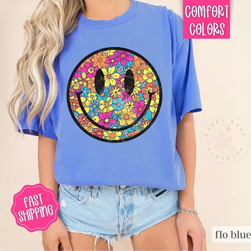 Floral Happy Face Shirt Comfort Colors, Summer Floral Shirt, Oversized Women's shirt, Swimsuit Coverstyle{n002}2 Hoodie,...