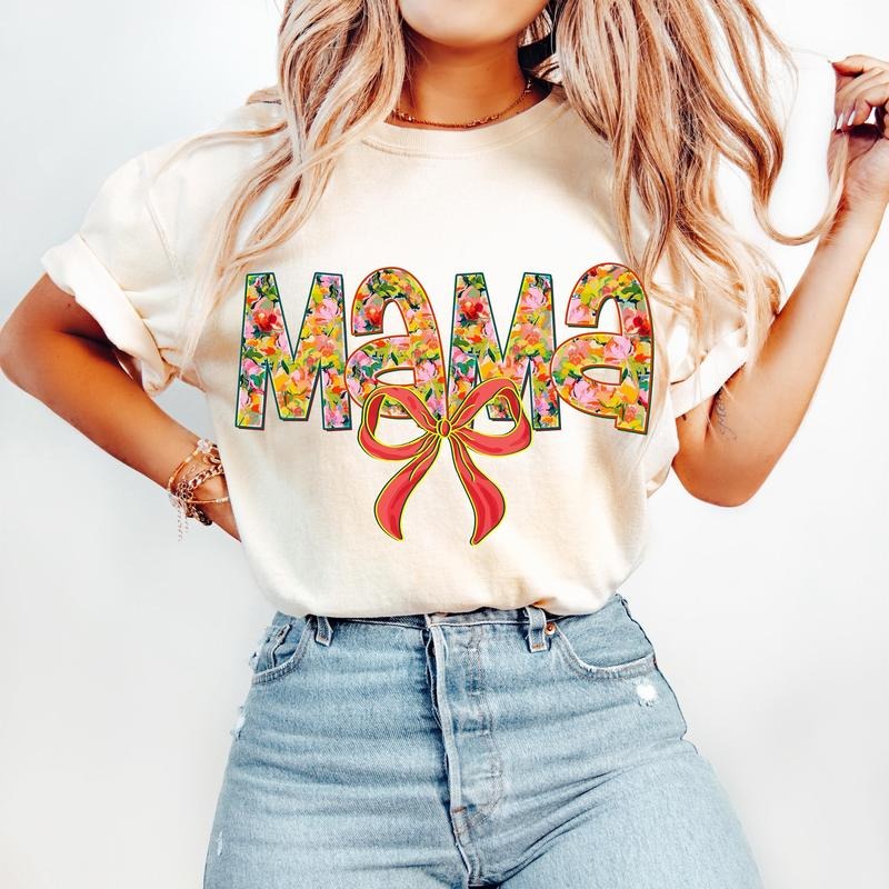 Floral Mama Coquette T-Shirt, Mama T-Shirt, Mama Varsity T-Shirt, Mothers Day T-Shirt, Gift for Mom, Preppy Mama T-Shirt,...