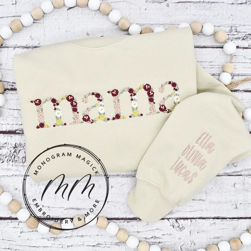 Floral Mama Sweatshirt, Embroidered Mama Sweatshirt T-Shirts, Hoodie | HypeDripTees.com