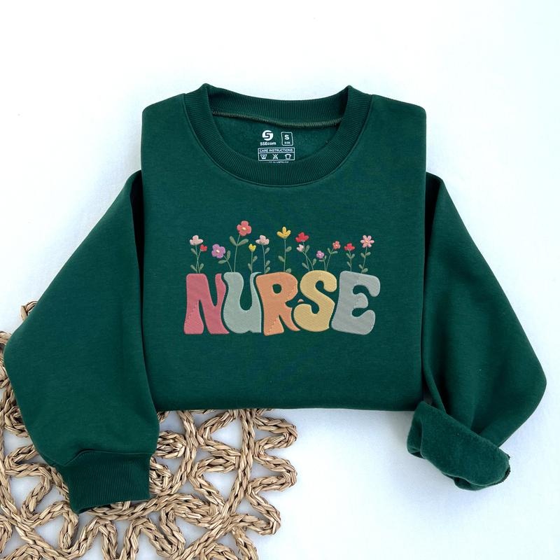 Floral Nurse Embroidered Sweatshirt, Groovy Nurse Sweater, Nursing Student Crewneck, Registered Nurse Sweatshirt...