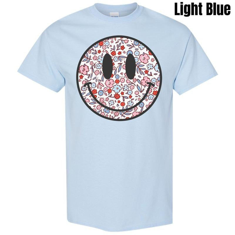 Floral Patriotic Happy Face  Gildan Short Sleeve T-Shirt 'NLB' Hoodie, Sweatshirt | HypeDripTees.com