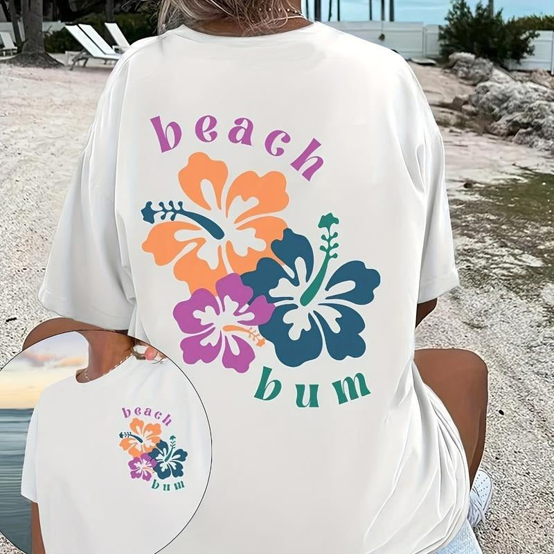 Floral Print Drop Shoulder T-shirt, Short Sleeve Crew Neck Casual Top For Spring & Summer, Women's Clothing Hoodie,...