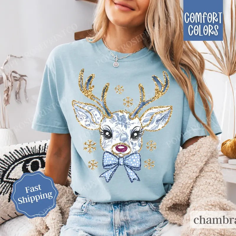 Floral Reindeer Christmas Shirt, Blue Floral Christmas Tee,  Womens Holiday Tshirt Hoodie, Sweatshirt | HypeDripTees.com