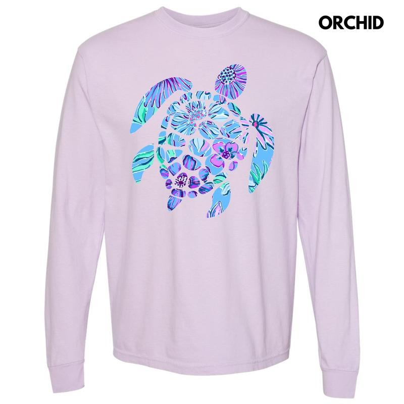 Floral Sea Turtle Long Sleeve Comfort Colors T-Shirt 'NLB' Hoodie, Sweatshirt | HypeDripTees.com