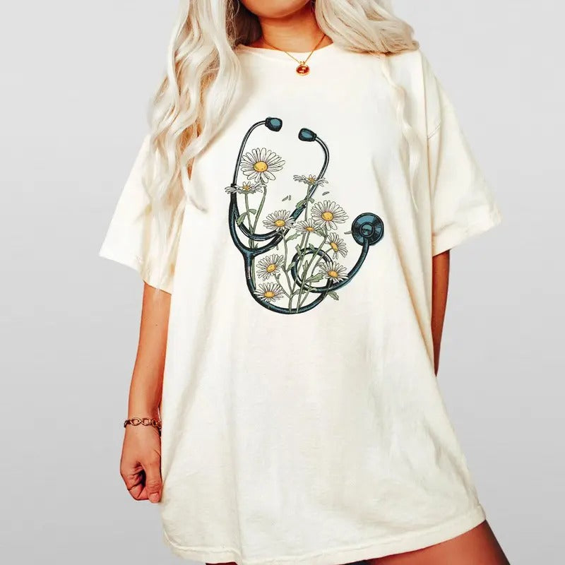 Floral Stethoscope T-Shirt, Nurse Stethoscope Shirts, Shirt For Nurse, Nurse Shirts, Nurse Daisy Flower Stethoscope...