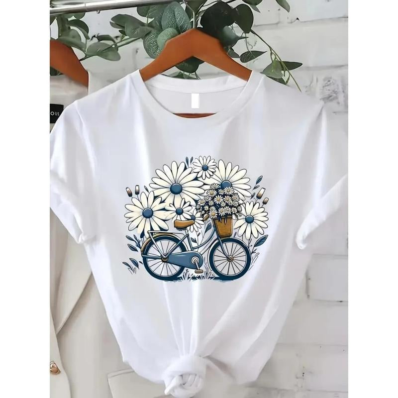 Flower Bicycle Printed T-Shirts, Casual T-Shirts with Short Sleeves And Spring And Summer Fashion Women'S Tops T-Shirts...