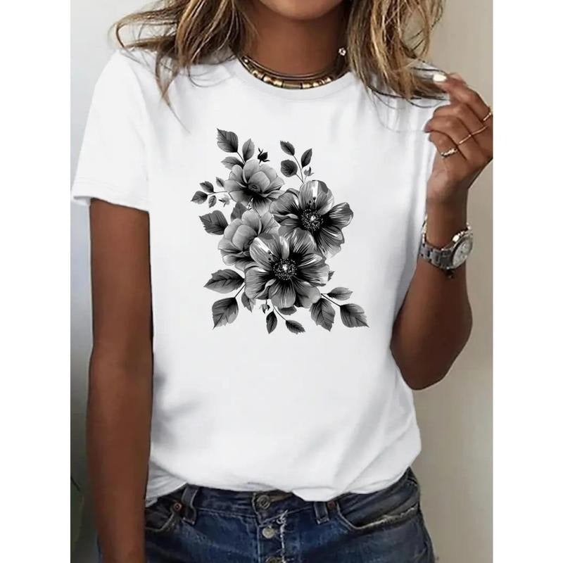 Flower Printing Creative T-Shirt, Spring And Summer Casual Short-Sleeved Shirt, Women'S Wear Hoodie, Sweatshirt
