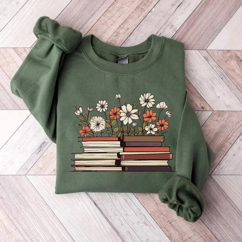 Flowers Book Sweatshirt, Bookworm Shirt, Bookish Crewneck, Book Club Sweatshirt, Book Hoodie, Vintage Book Lover Shirt,...