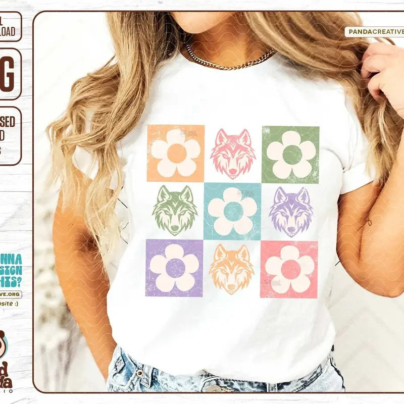 Flowers Checkered Coyotes Png Retro Mascot Shirt Sublimation Design Boho Groovy Floral Coyote Dtf Transfer Go Coyotes...