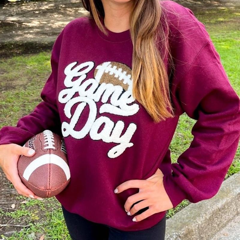 Football 'Game Day' Letter Patch Crewneck Sweatshirt - Casual Long Sleeve Tops for Women, Trendy Chenille Patch Design,...