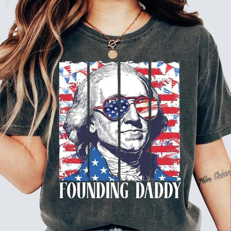 Founding Daddy Sweatshirt Funny 4th of July Shirt USA Patriotic George Washington Crewneck Retro American Flag 100%...