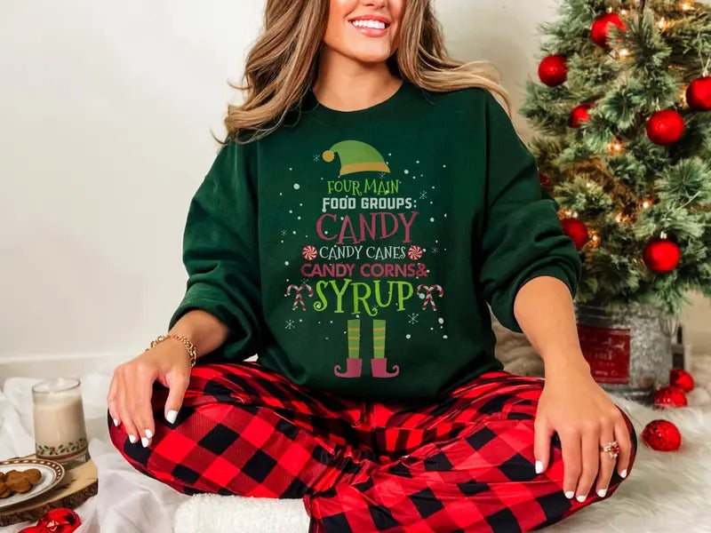 Four Main Food Groups Candy Candy Canes Candy Corn And Syrup Elf Buddy Ugly Christmas Sweater Elf Holiday Sweater Elf...