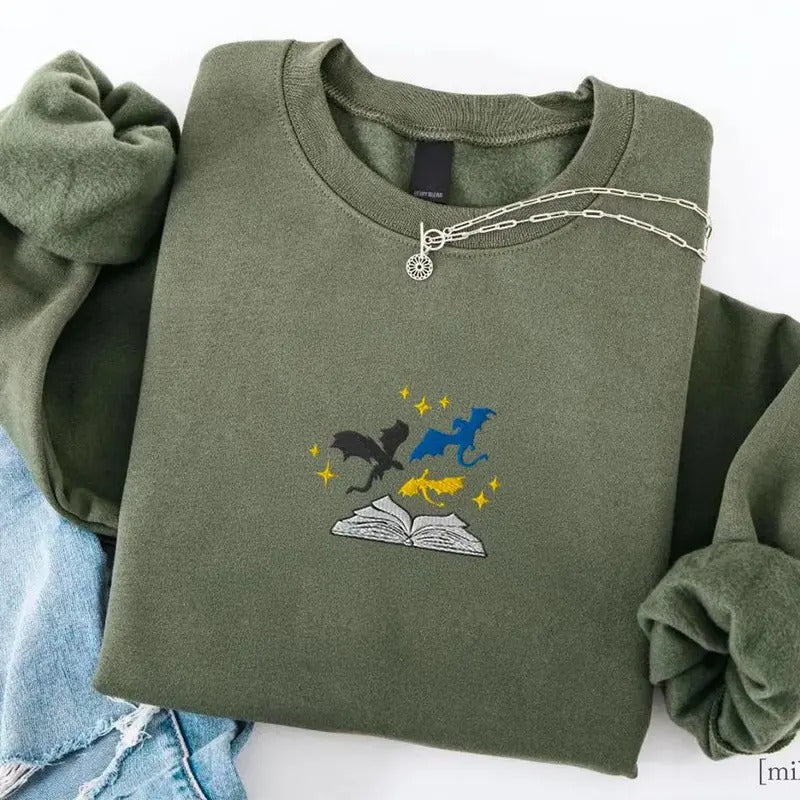 Fourth Wing Merch, Dragons and Pages Embroidered Sweatshirt, Reader Shirt, Onyx Storm Sweater, Iron Flame Shirt, Basiath...